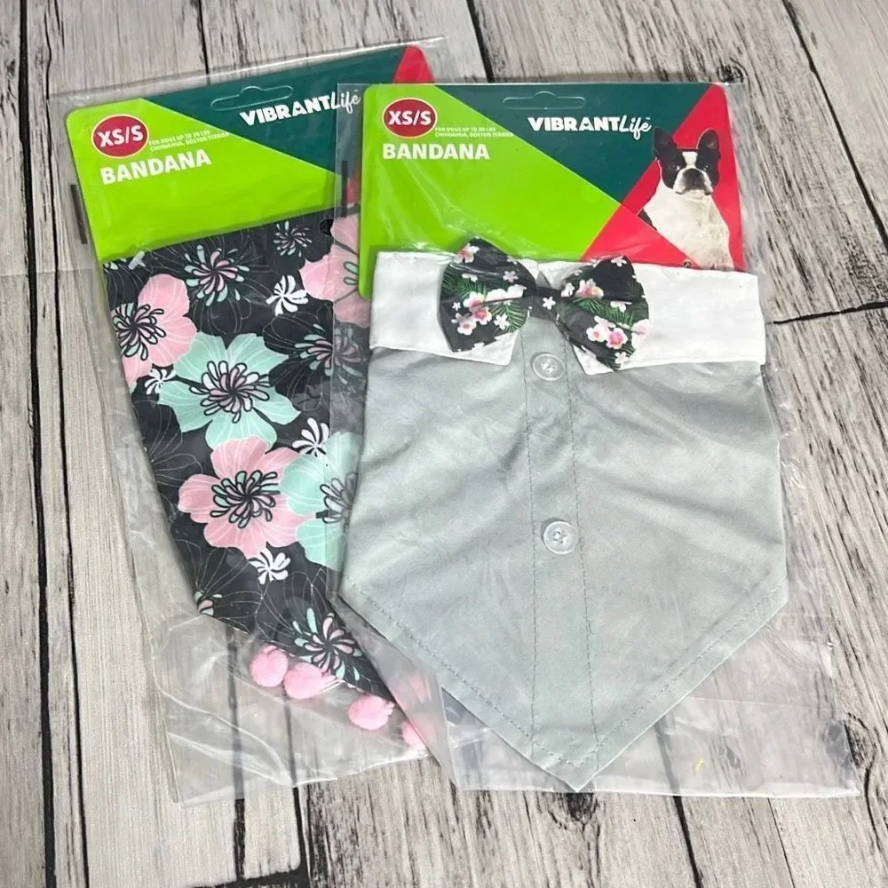 Vibrant Life Pom Edge Floral Black Tuxedo Style Gray Dog Bandana XS Lot of 2 NWT